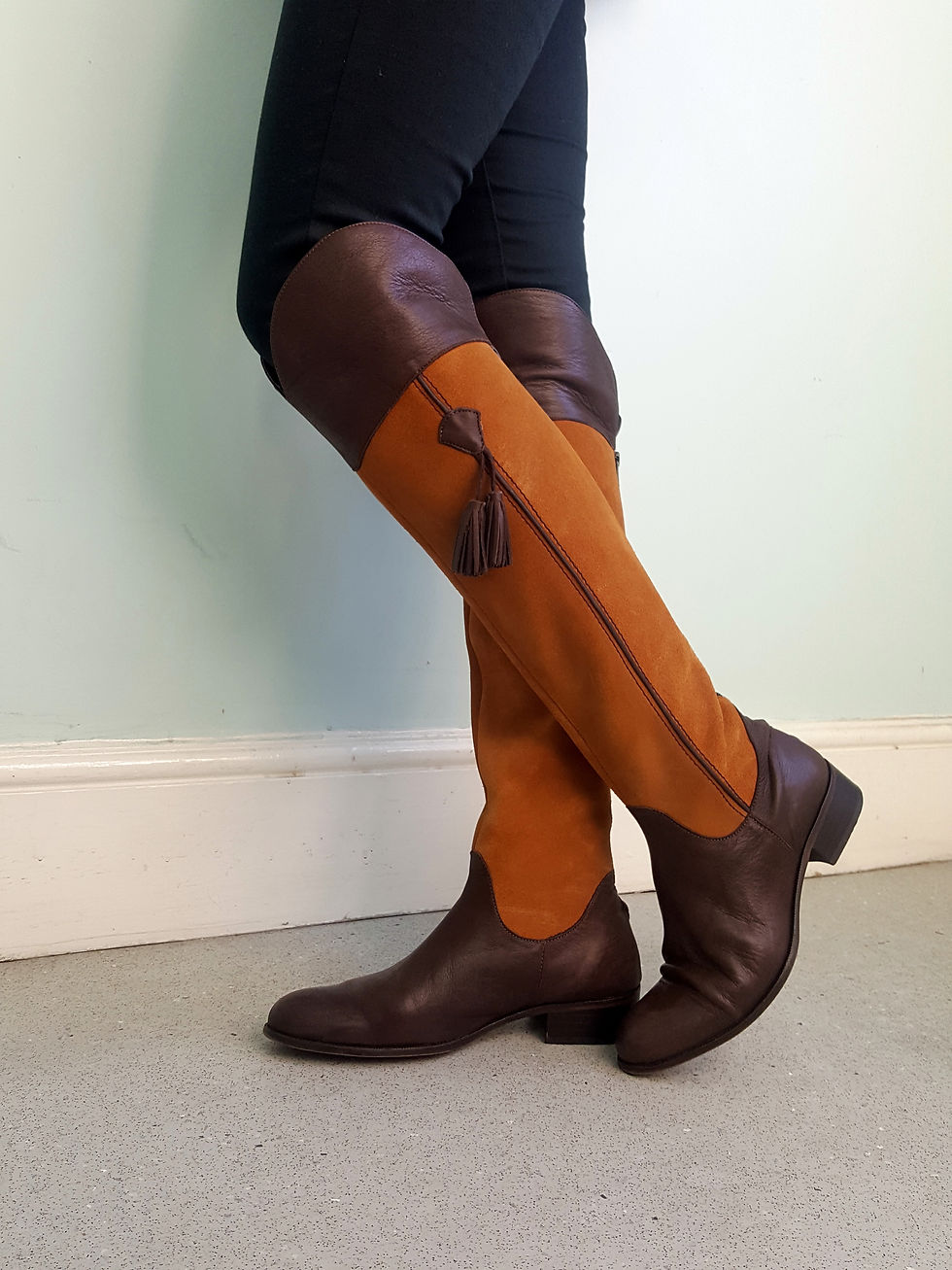 Thumbnail: Spanish Riding boots dk brown leather & tan suede with tassels