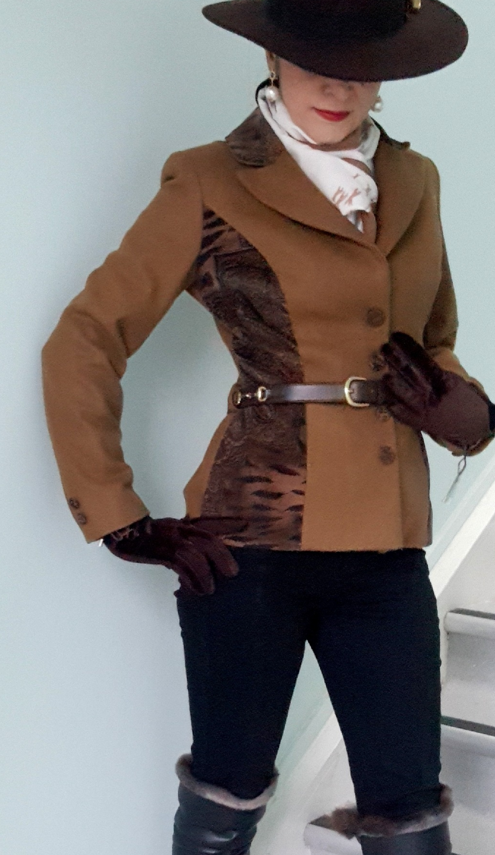 Thumbnail: Camel and Paisley/animal print corduroy jacket with snaffle bit leather belt