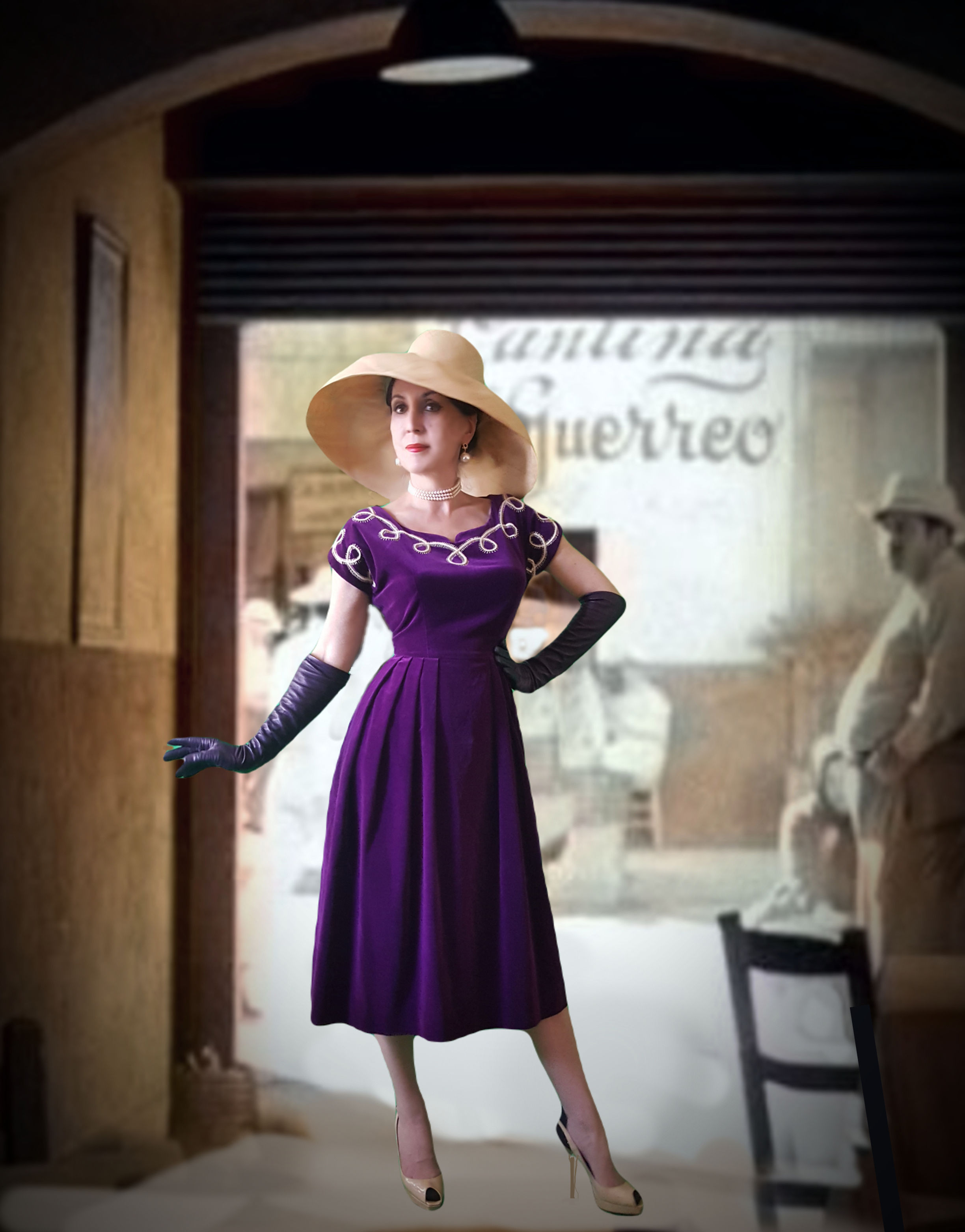 Late 1940s purple velvet dress Teena Paige beautiful stitchwork design