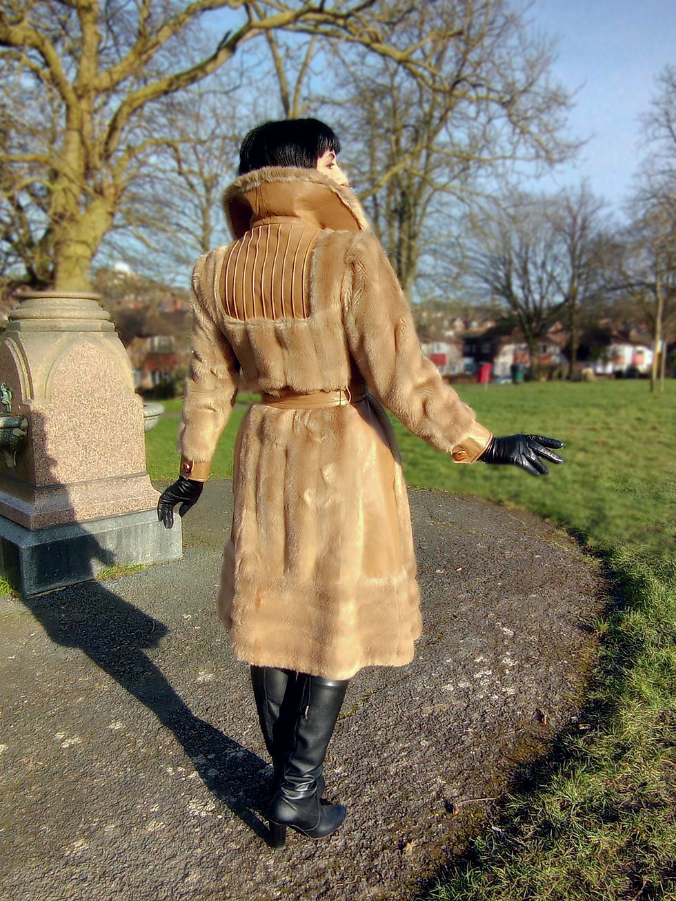 Thumbnail: Vintage 1970s Tissavel fit flare faux fur coat with real leather panels yoke