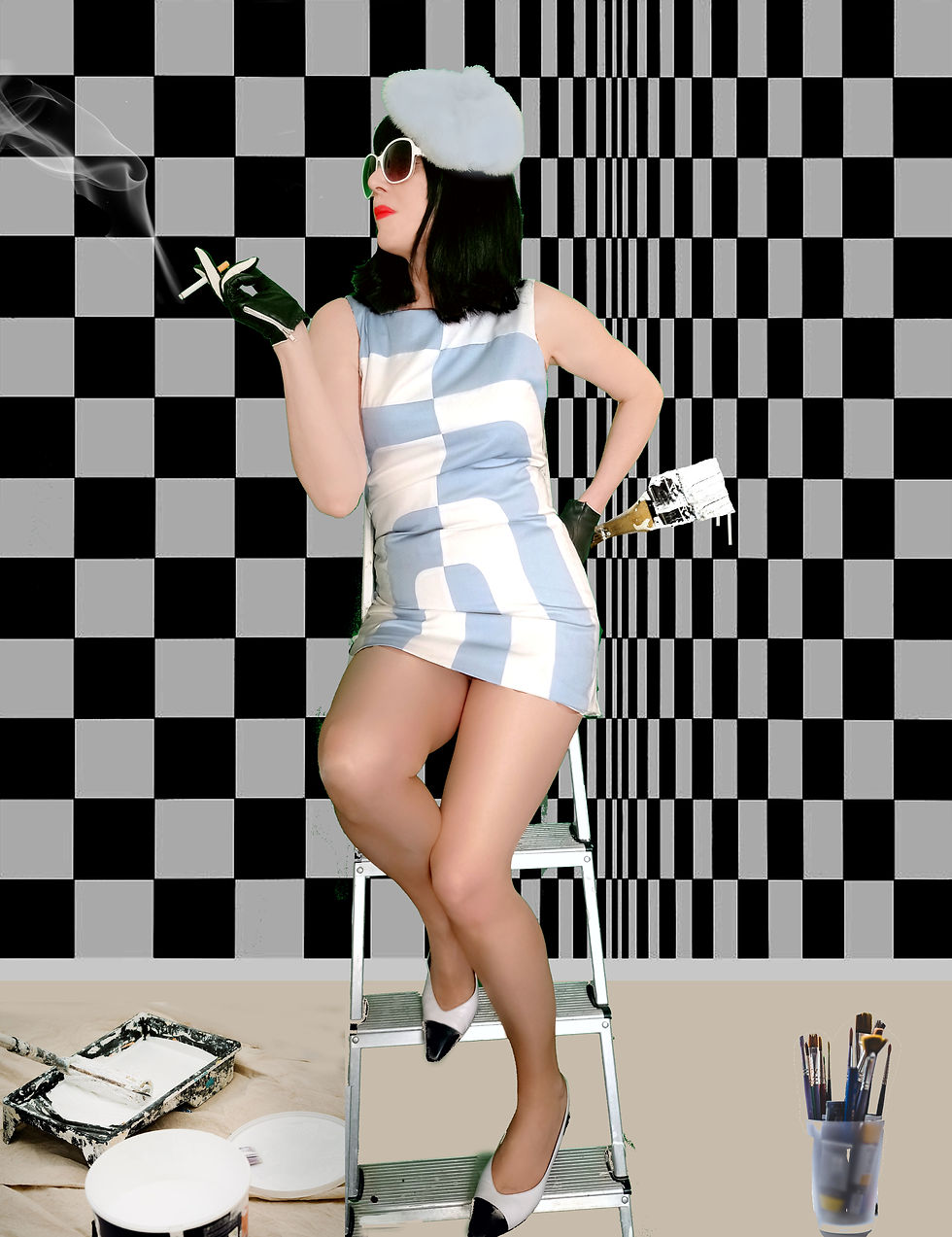 Thumbnail: Vintage Velvet Illusion Y2K does 1960s Op Art dress pale blue white Mod Psych