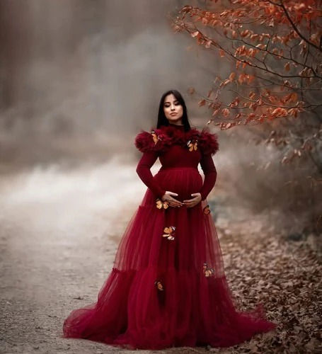 Thumbnail: Red Wine Ruffled Maternity Shoot Trail Gown, (All Sizes)