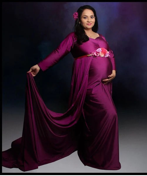 Thumbnail: Purple Maternity Shoot Trail Baby Shower Lycra Body Fit Gown, All Size