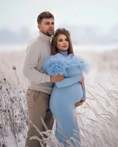 Thumbnail: Ice Blue Body fit Ruffled Maternity Shoot Gown, Size (ALL)