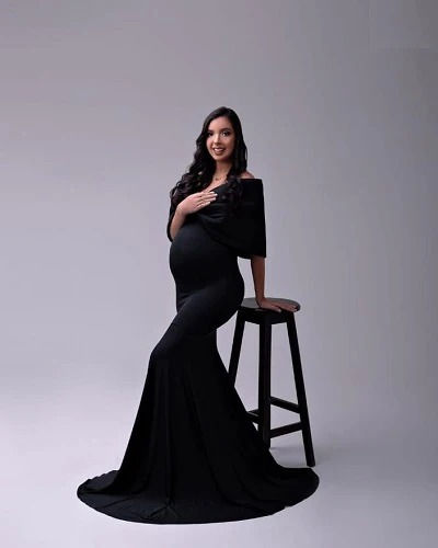 Thumbnail: Black Slit Cut Maternity Shoot Trail Gown, Size (ALL)
