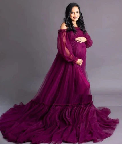 Thumbnail: Dark Orchid Purple Frilled Maternity Shoot Trail Gown, Size (ALL)