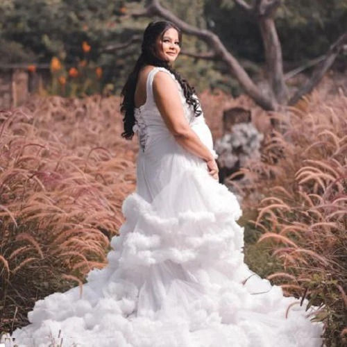 Thumbnail: White Ruffled Maternity Shoot Baby Shower Trail Gown Size With Inner, (All)