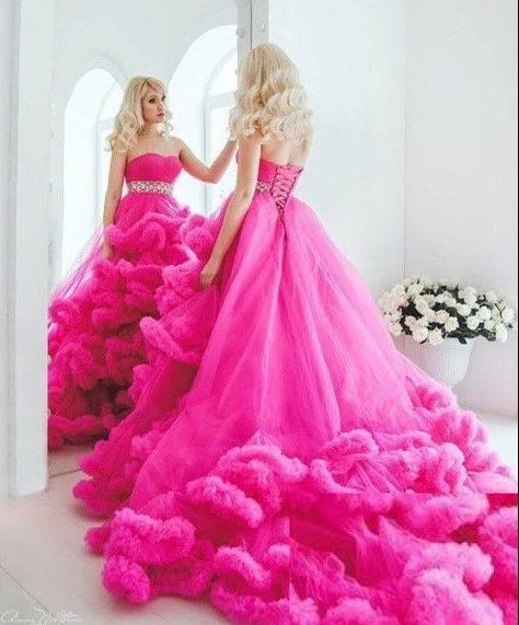 Thumbnail: Hot Pink Puffy Cloud Maternity Shoot Trail Gown, (All Sizes)