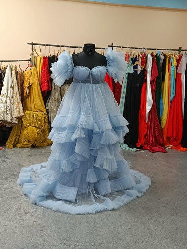 Thumbnail: Blue Frilled Maternity Shoot Gown With Inner, Size (All)