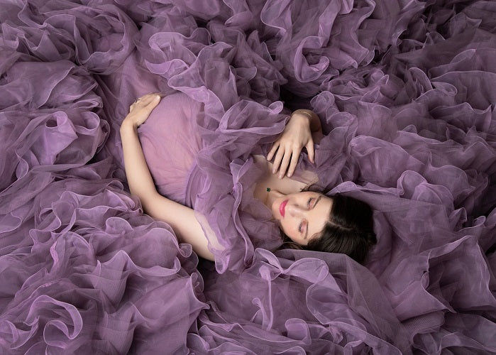 Thumbnail: Luxury Purple Ruffled maternity shoot trail gown With Inner, Size(All)