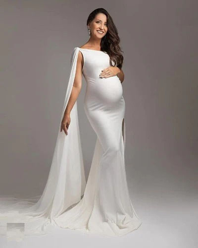 Thumbnail: White One Shoulder Body Fit Maternity Shoot Trail Gown Size (All)