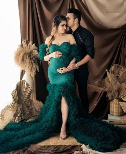 Thumbnail: Bottle Green Long Trail Body Fit Gown (All Sizes)
