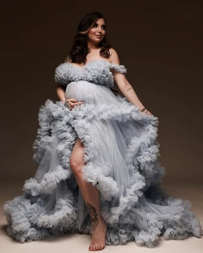 Thumbnail: Grey Ruffled Maternity Shoot Trail Gown With Inner, Size (ALL)