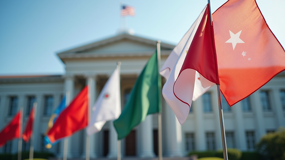 Close-up view of a government building with flags representing international cooperation
