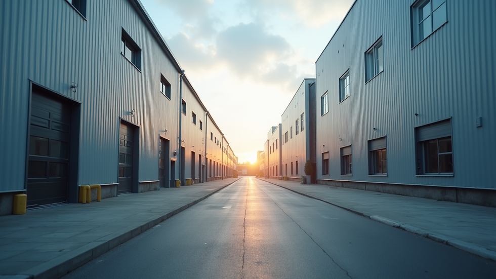 Eye-level view of a modern European industrial facility with energy-efficient design