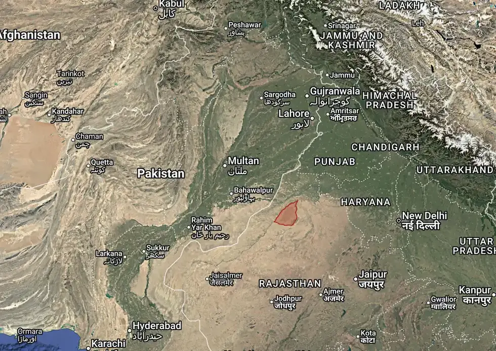 Location of the Mahajan Field Firing Range relative to Pakistan.