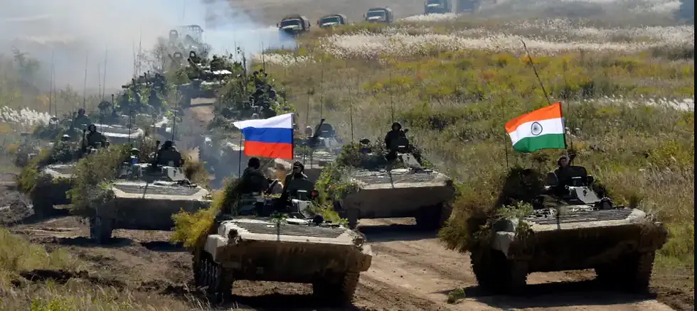 Indian and Russian armored columns advancing together for the exercises. Source: Sputnik
