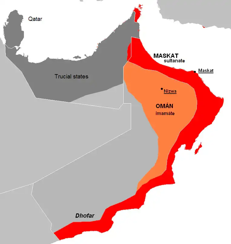Map showing approximate lines of control between the Imamate and Sultanate in the mid 20th century. Omani territory in light grey represents territory lacking solid control by either faction. Zones of control are superimposed on modern border lines. Source: Wikimedia Commons