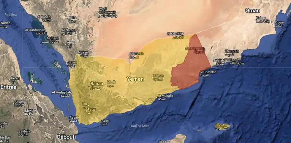 Yemen’s Al-Mahrah Governorate highlighted in red.