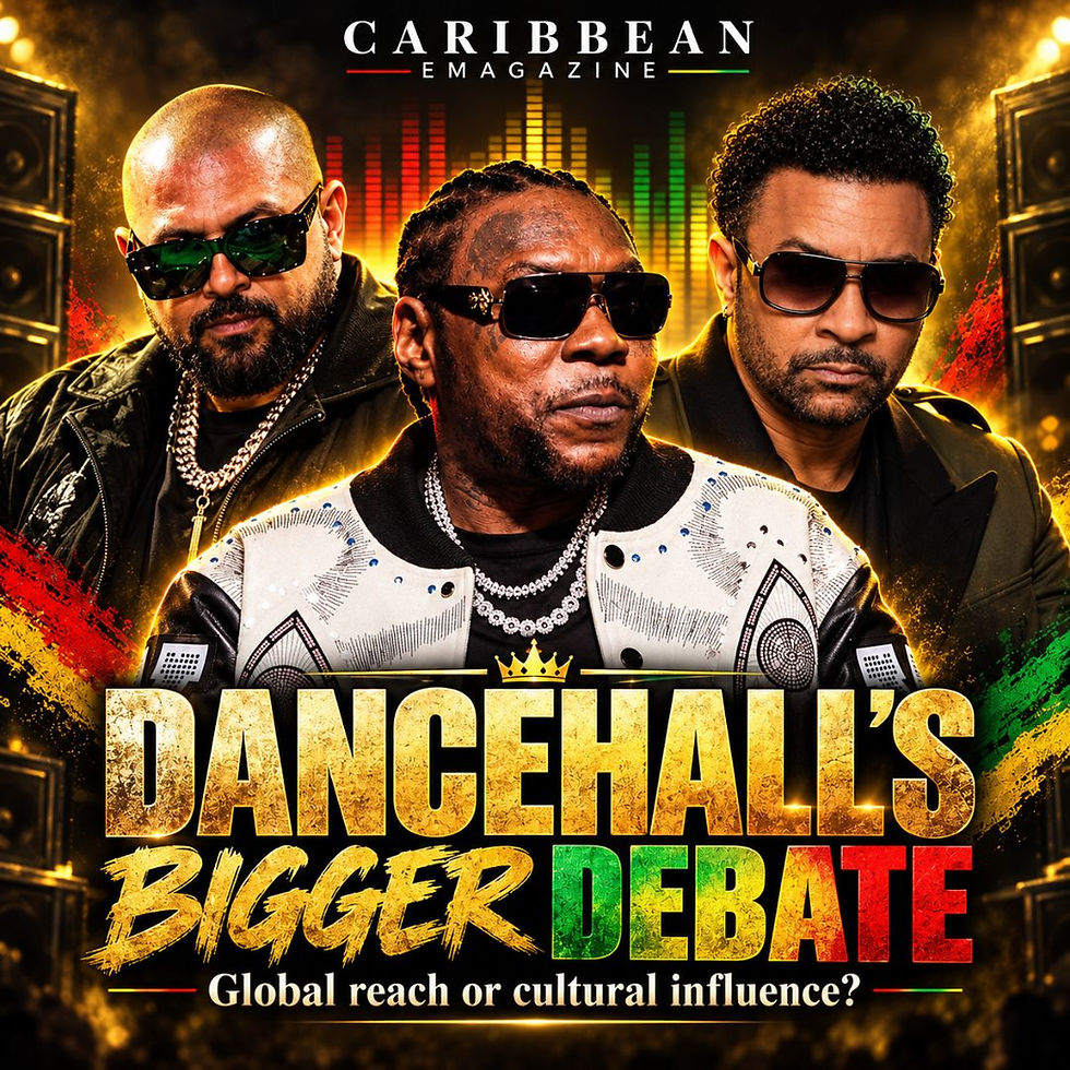 Caribbean Magazine cover with three men in sunglasses; headline: Dancehall’s Bigger Debate—Global reach or cultural influence?