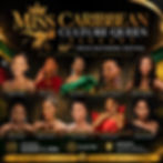 Poster for Miss Caribbean Culture Queen Pageant, showing ten beauty queens and event details on a black-and-gold background.