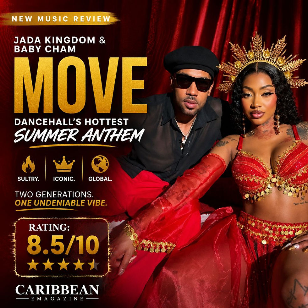 Magazine cover of Jada Kingdom and Baby Cham in red-and-gold outfits before red curtains, with MOVE and 8.5/10 text