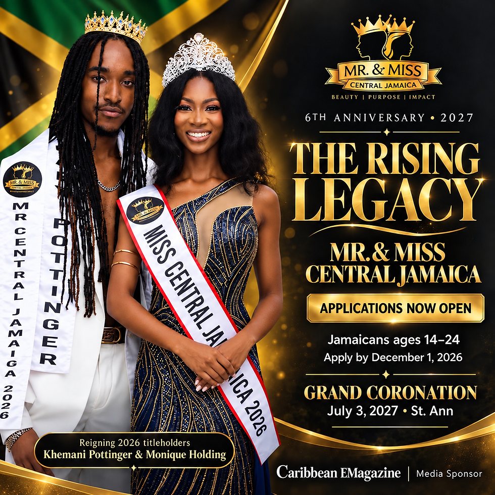 Reigning 2026 titleholders Khemani Pottinger and Monique Holding promote Mr. & Miss Central Jamaica 2027, The Rising Legacy.