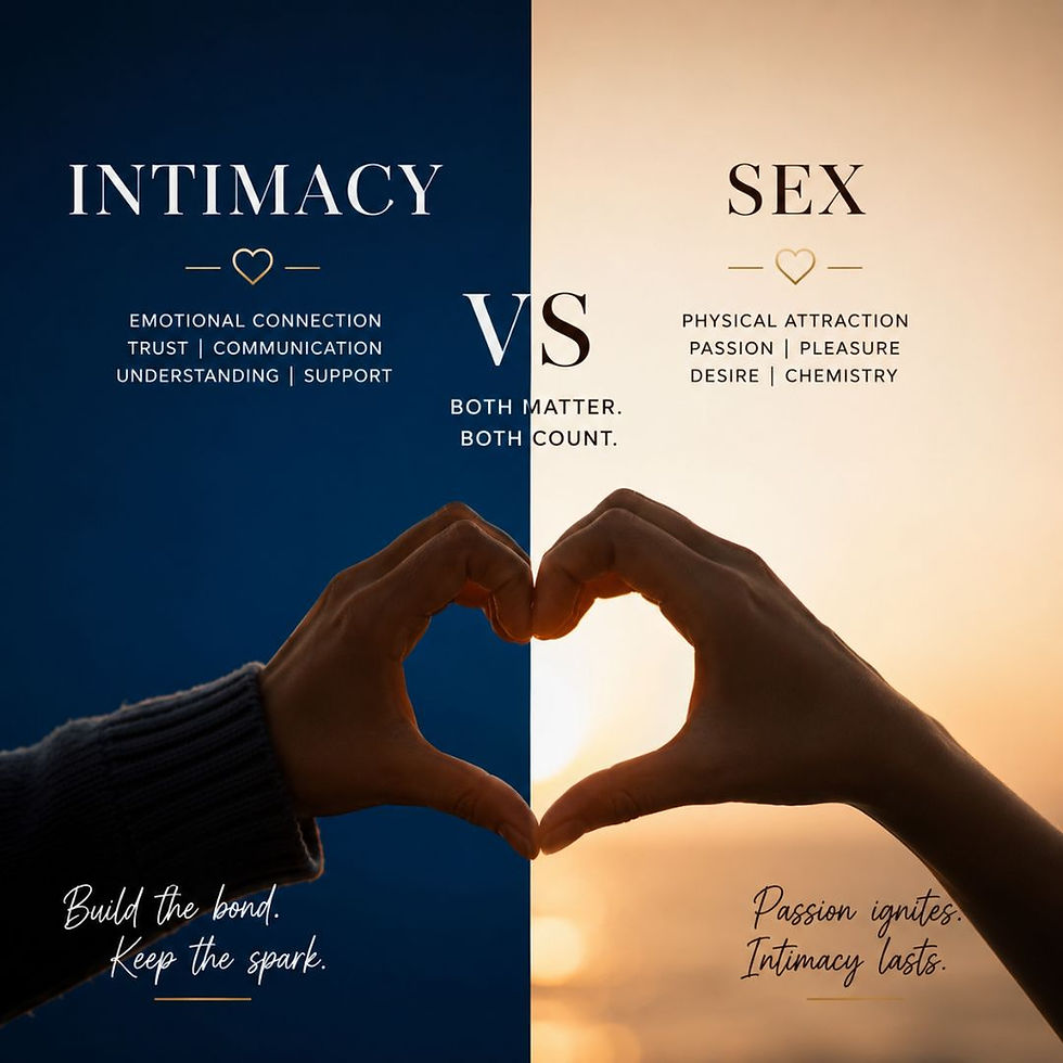 Split poster comparing INTIMACY and SEX; hands form a heart over blue and sunset halves with bond-and-passion text.