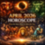 Zodiac signs surround a fiery solar eclipse with "Your April 2026 Horoscope" text. Mystical starry background with vibrant colors.