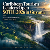 SOTIC 2026 in Guyana: five tourism issues to watch, illustrated with a rainforest waterfall.