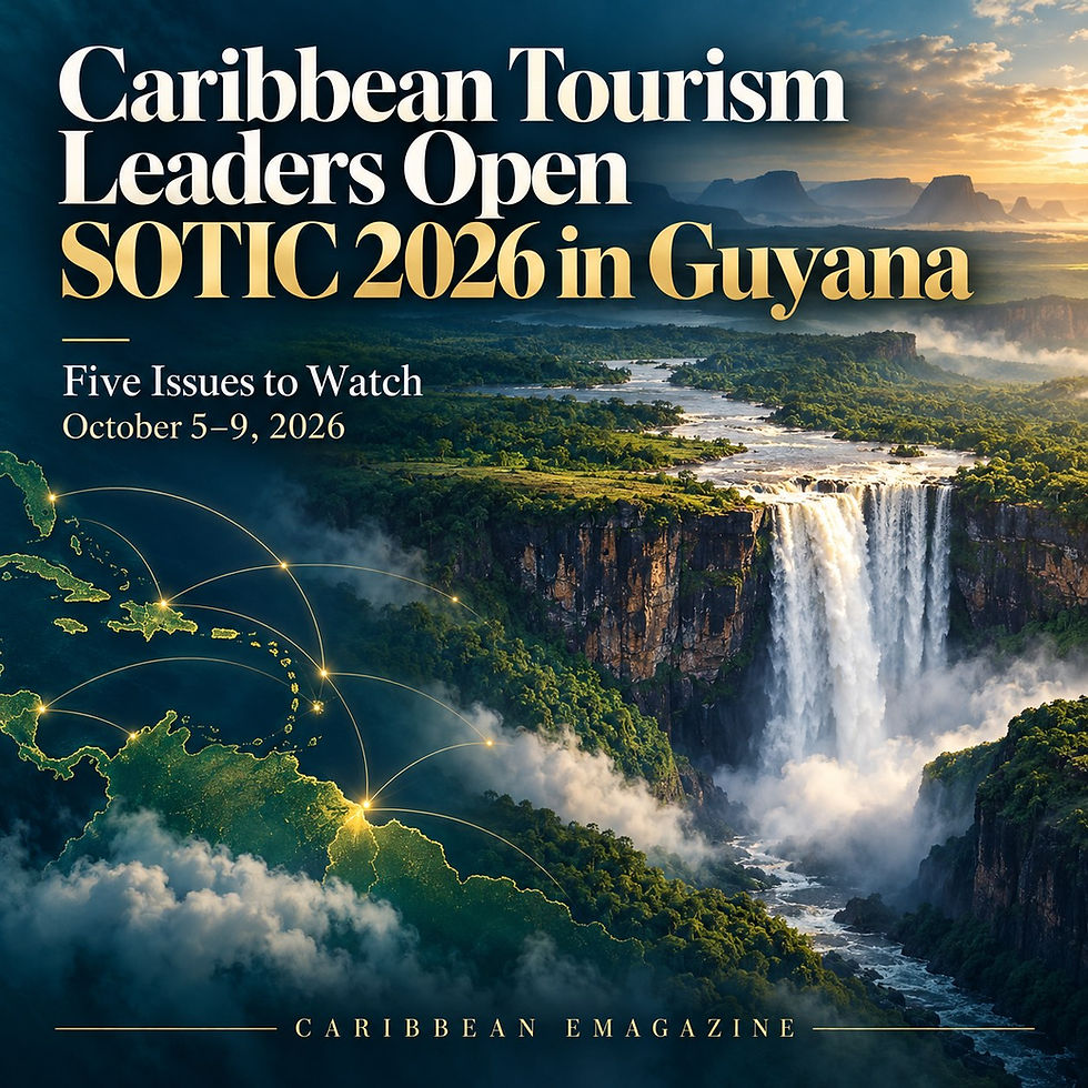 SOTIC 2026 in Guyana: five tourism issues to watch, illustrated with a rainforest waterfall.