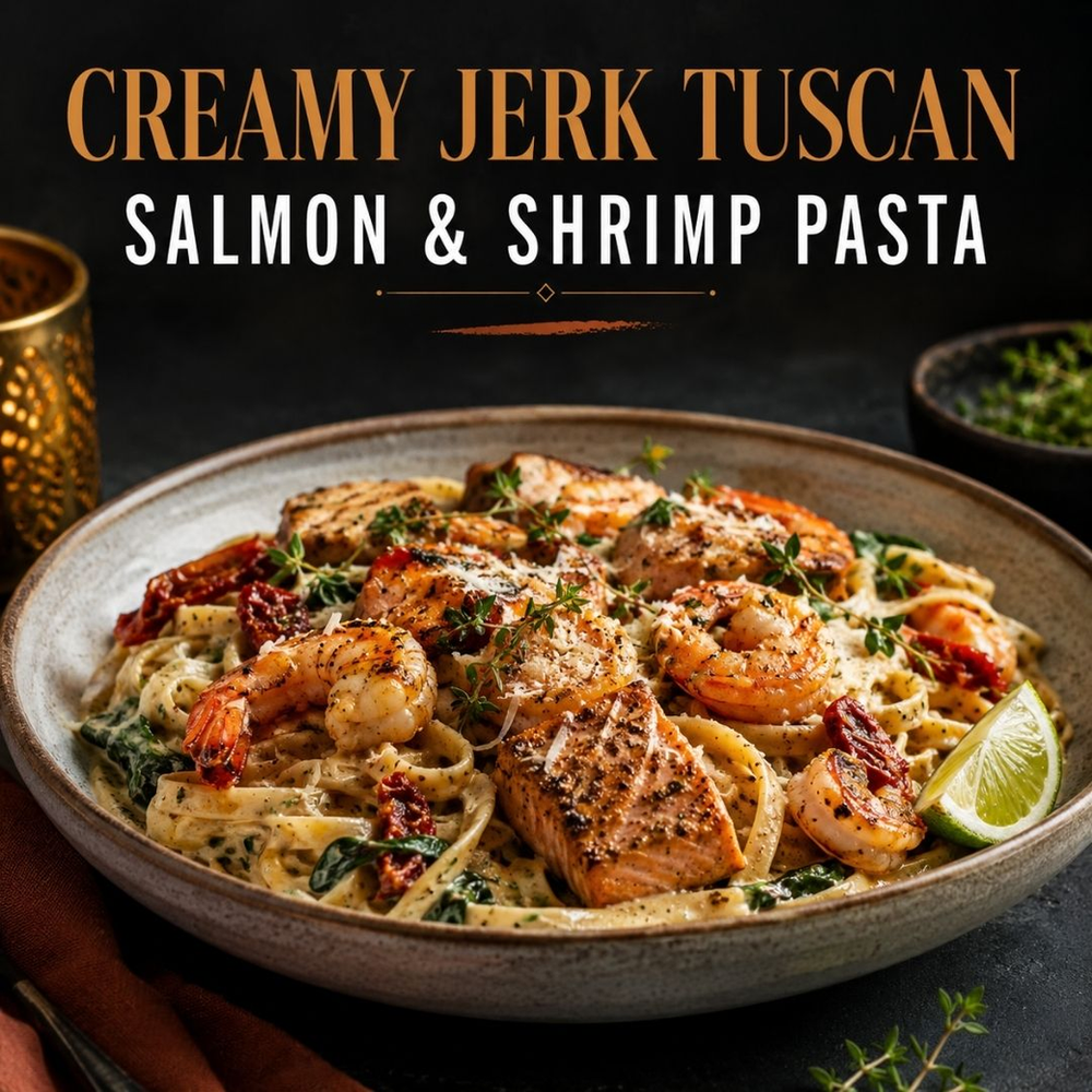 Creamy Jerk Tuscan Salmon & Shrimp Pasta Recipe