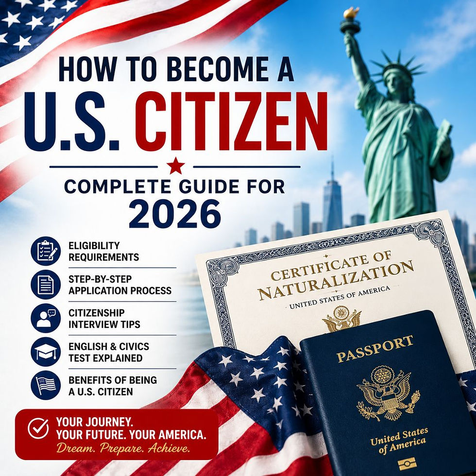 Poster on becoming a U.S. citizen with Statue of Liberty, flag, passport, and naturalization certificate; 2026 guide.