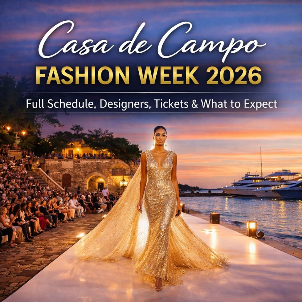Model in gold gown walks runway at sunset, Casa de Campo Fashion Week 2026. Yachts and audience in background. Elegant and glamorous.