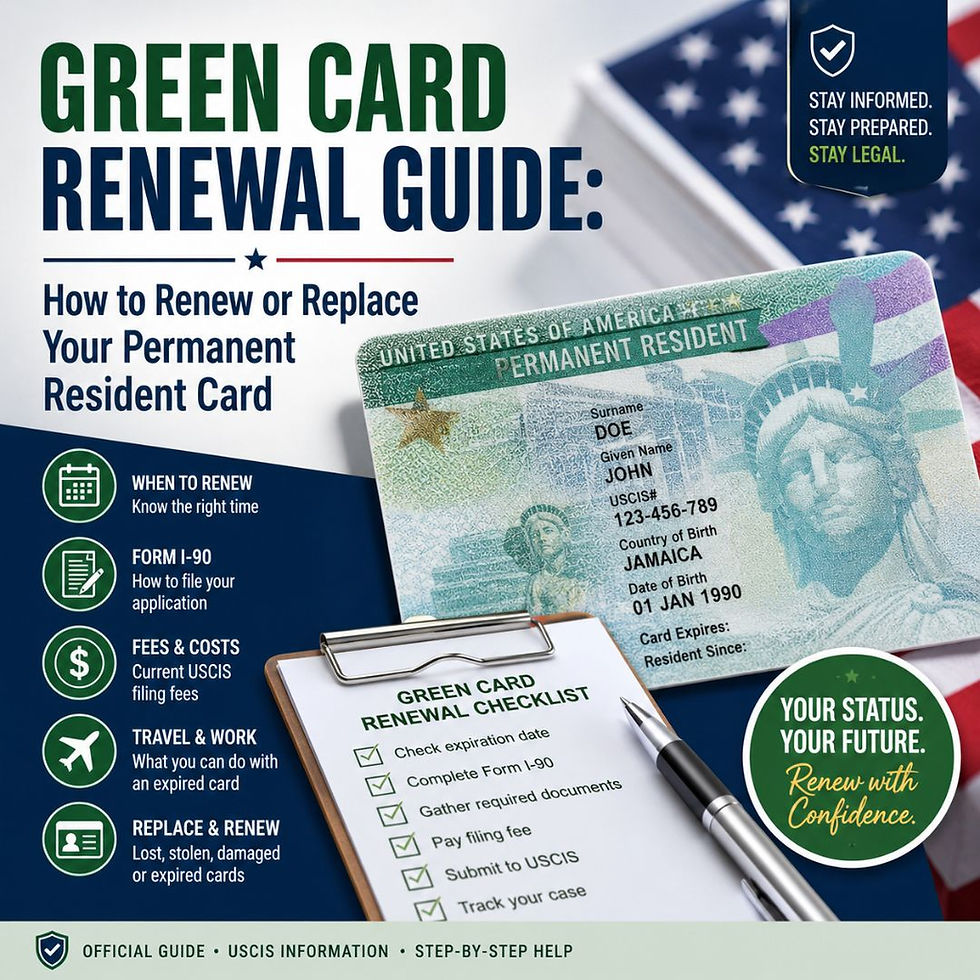Green card renewal guide poster with USCIS checklist, sample permanent resident card, clipboard, and U.S. flag backdrop.