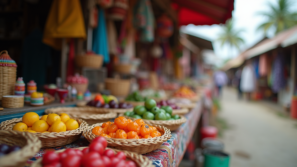 Eye-level view of a colorful Caribbean market stall with local crafts