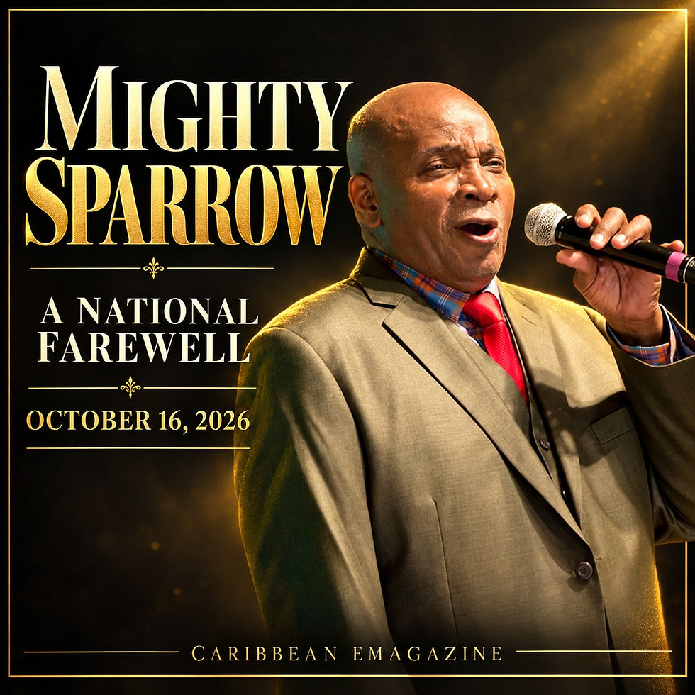 Mighty Sparrow holding a microphone in a black-and-gold national farewell tribute graphic for October 16, 2026.