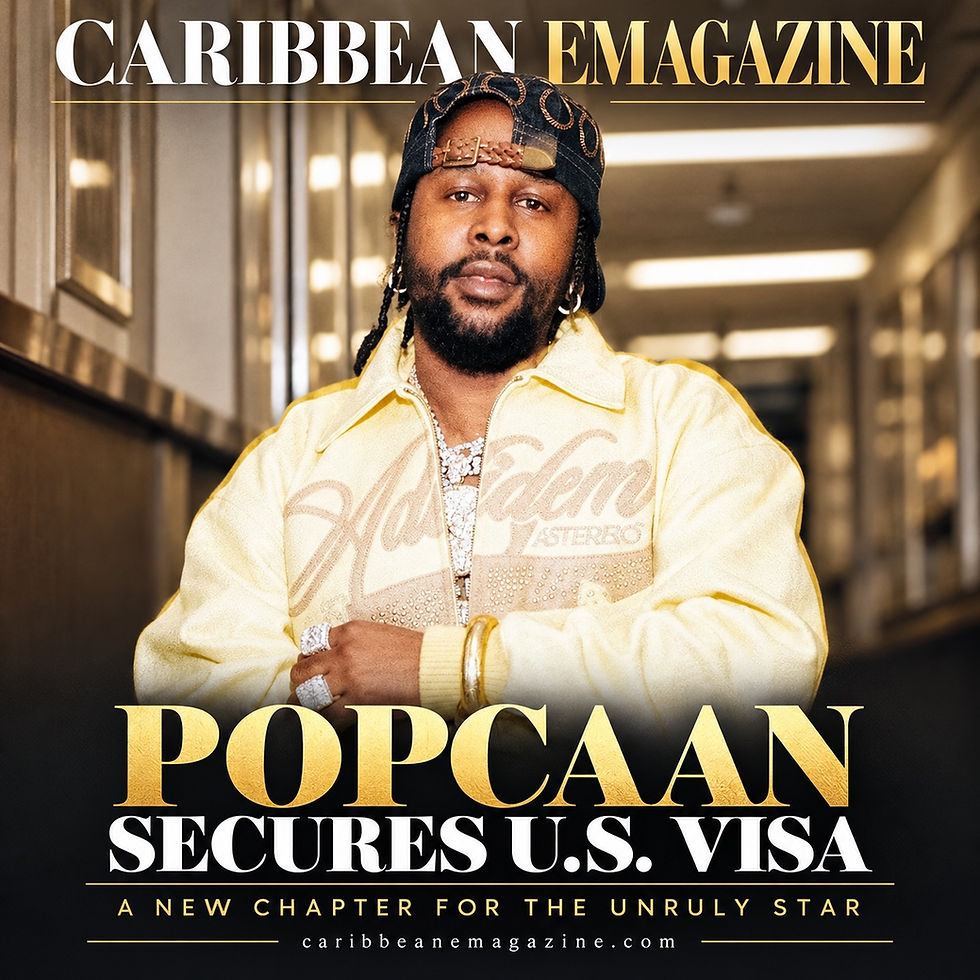Popcaan in a pale yellow jacket on Caribbean EMagazine’s U.S. visa news graphic