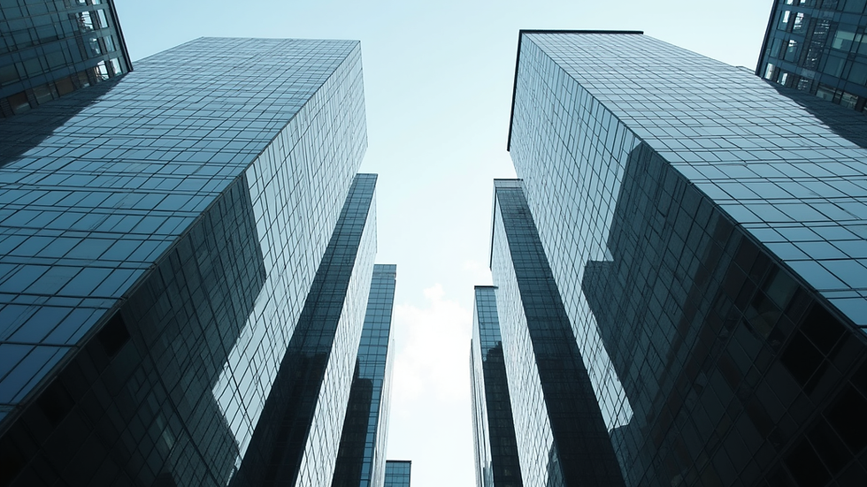 Close-up view of a business district skyline in London with modern skyscrapers