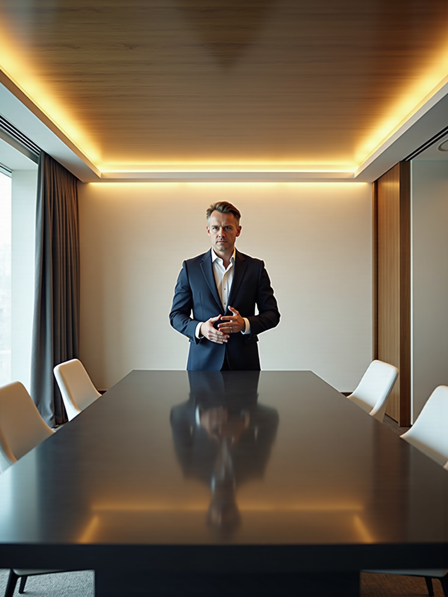 Image of the male person dressed in a business suite, at the head of the negotiation table in business/office setting