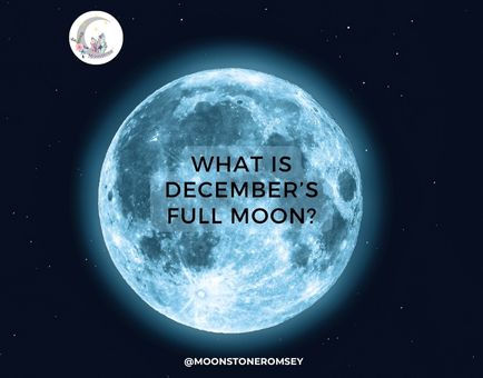 An image of a full moon with a blue hues making it feel cold with the text "what is December's full moon?"