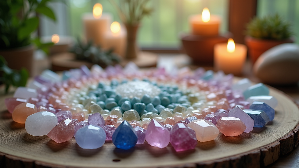 Eye-level view of a collection of colourful crystals arranged by zodiac signs