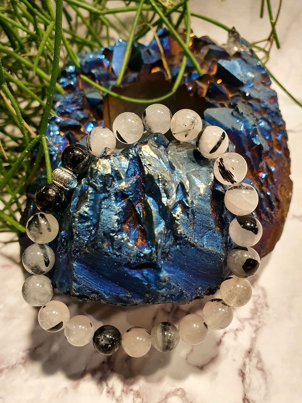 Tourmalinated Quartz Crystal Bead Bracelet 8mm