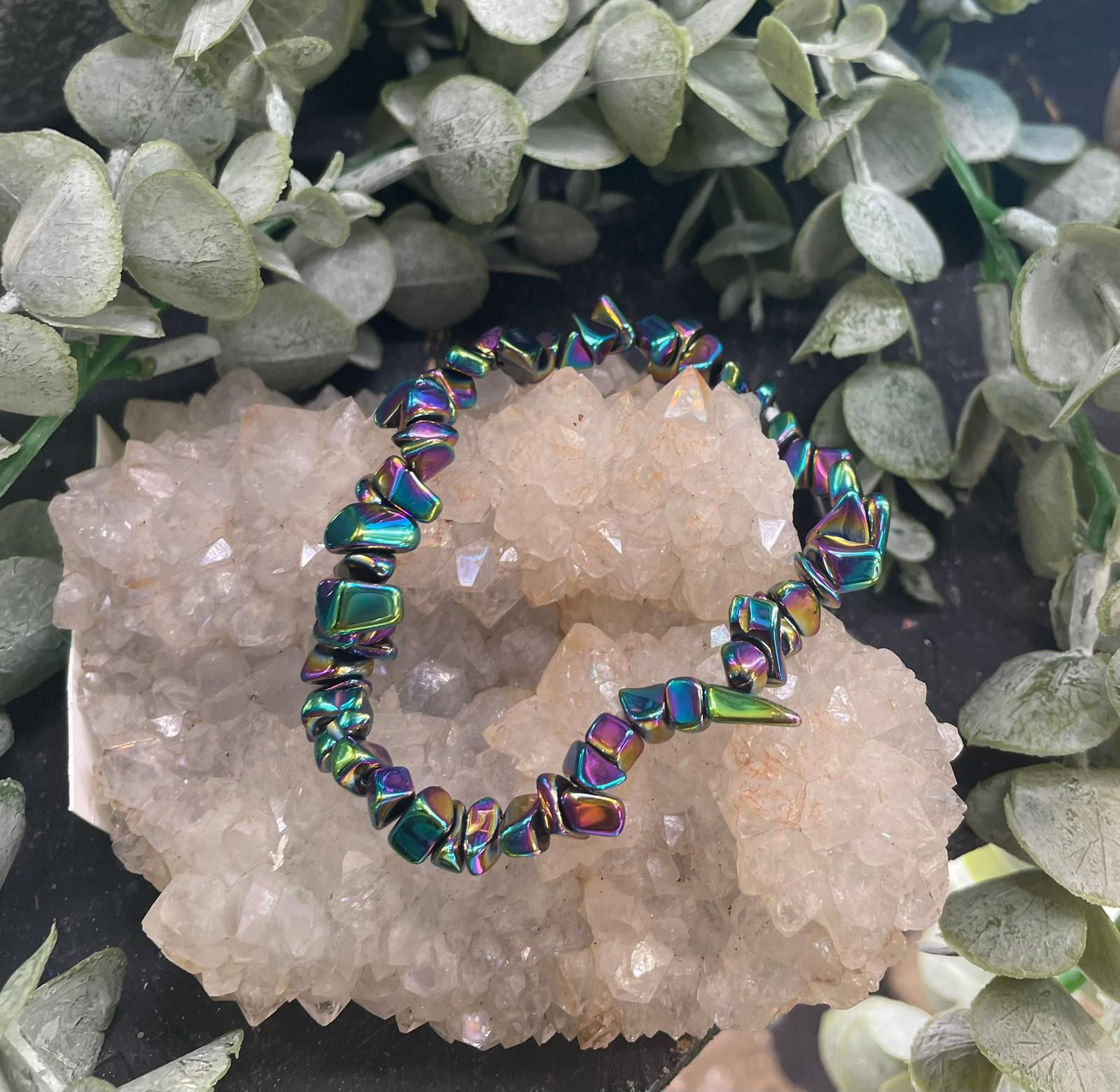 Stretch Titanium Coated Hematite Crystal Chip Bracelet