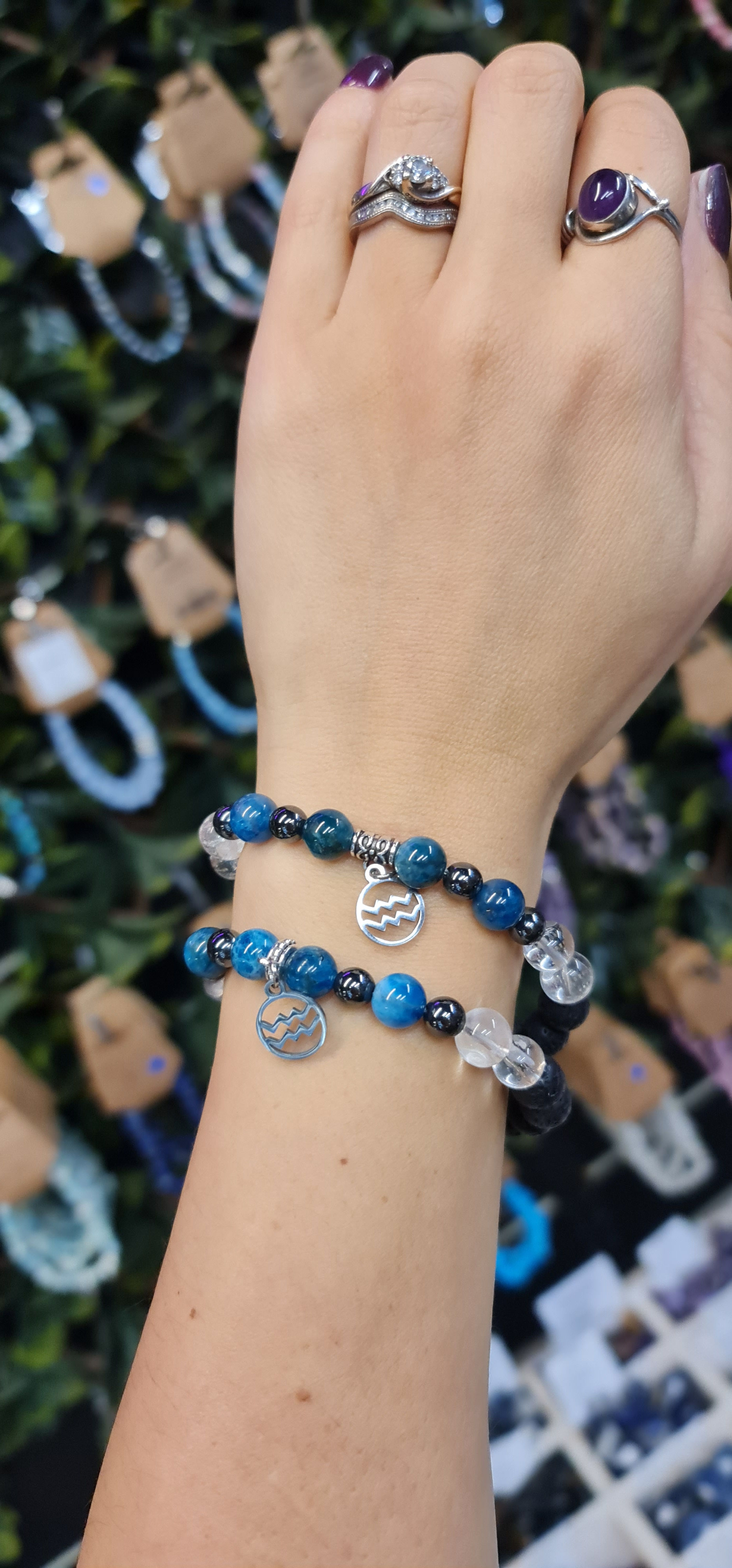Aquarius zodiac crystal bead bracelet handmade by Moonstone Crystals