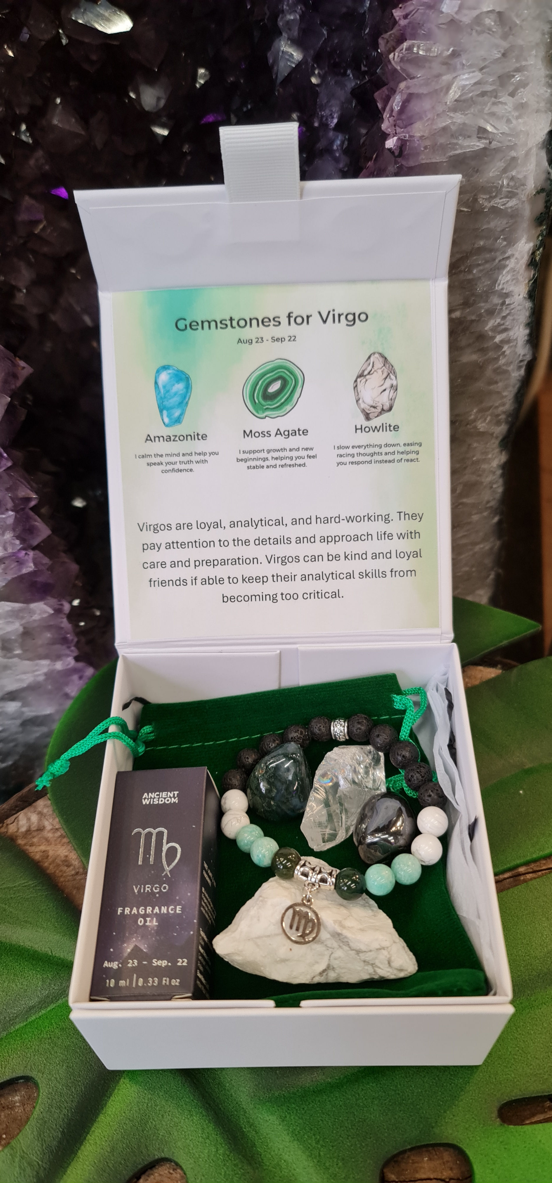 Virgo zodiac gift box with aromatherapy bead bracelet, matching oil and crystal set