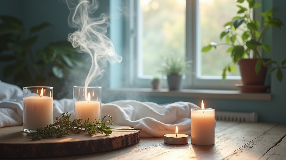 Eye-level view of a softly lit room with incense smoke rising near an open window