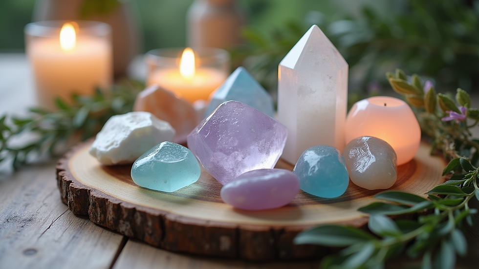 Close-up view of natural crystals arranged on a wooden surface