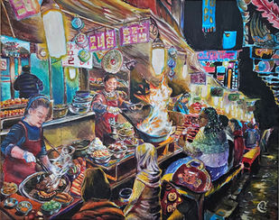 Busy Seoul night market filled with traditional Korean food and signage. A group of American and European friends of different ethnicities and faiths sit in front of an older chef.
