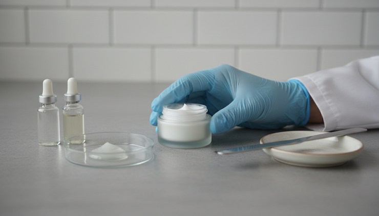 Eye-level view of a cosmetic chemist hand placing a small jar of cream near glass sample containers.